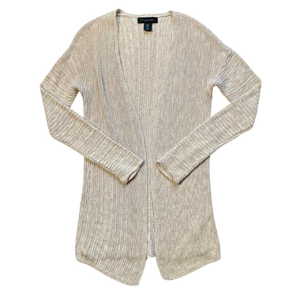 Tahari Beige Linen Blend Open Front Cardigan Size Small